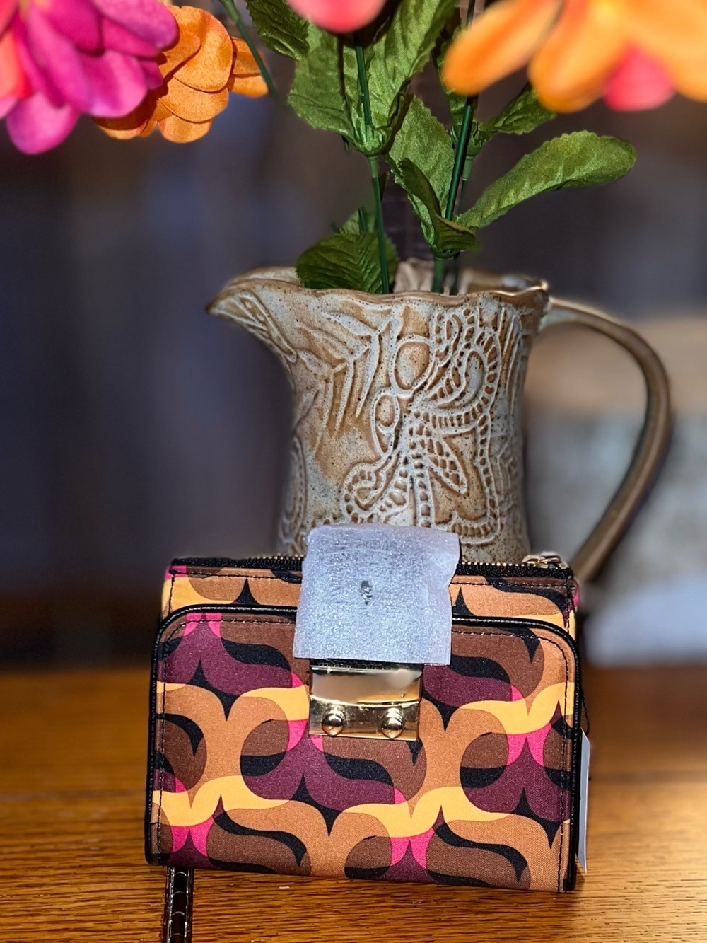 Vera Bradley Modern Lights Pushlock Bifold Wallet Brown Purple Print